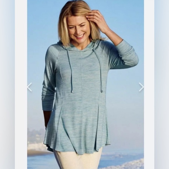 Soft Surroundings Aqua Heather Stretch Knit Riverland Tunic Hoodie Size Large - Picture 2 of 8